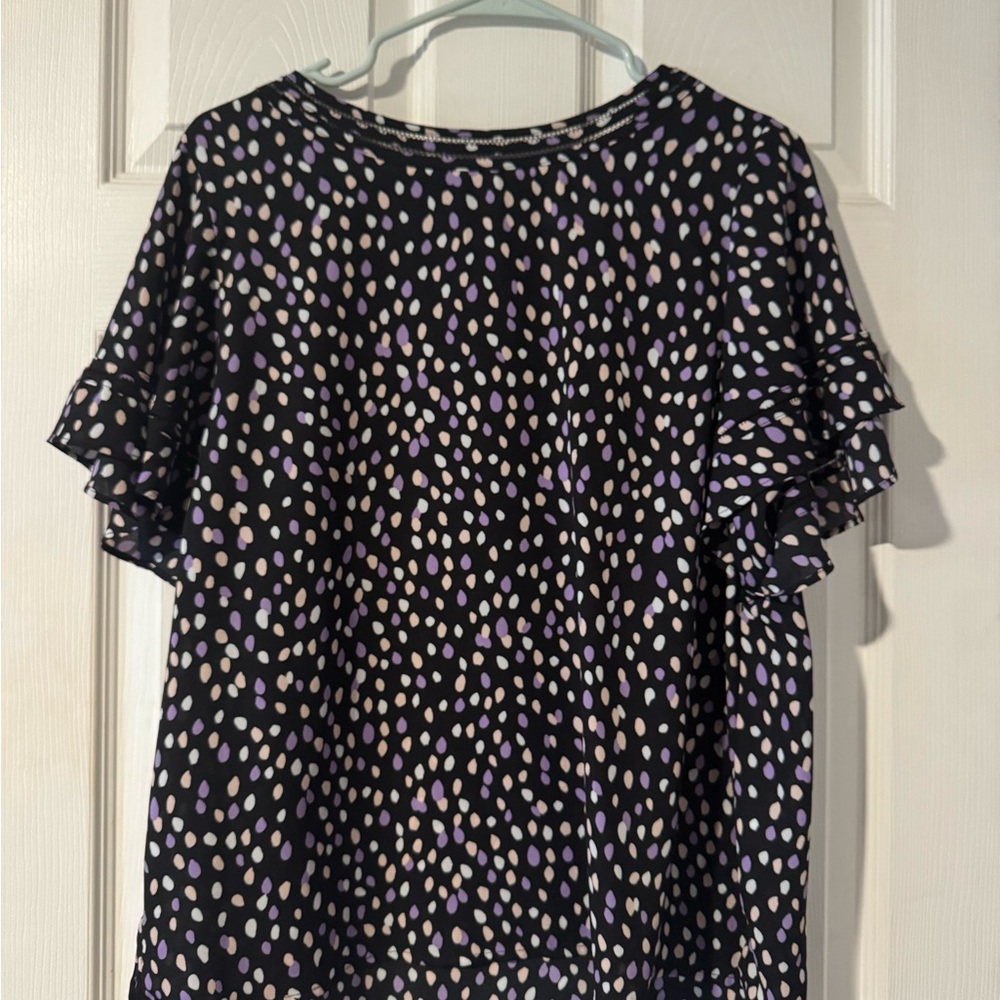 Liz Claiborne Black Blouse with Pink and Cream Dot Print and Flutter Sleeves